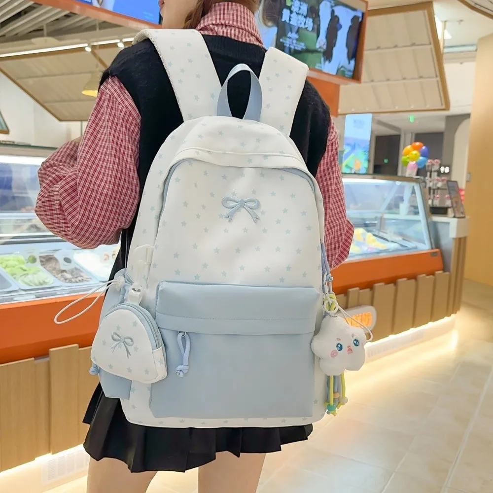 Large Capacity Bowknot Backpack with Wallet Lightweight Star Polka Dot Backpack Black Multifunctional Student Schoolbag Outdoor