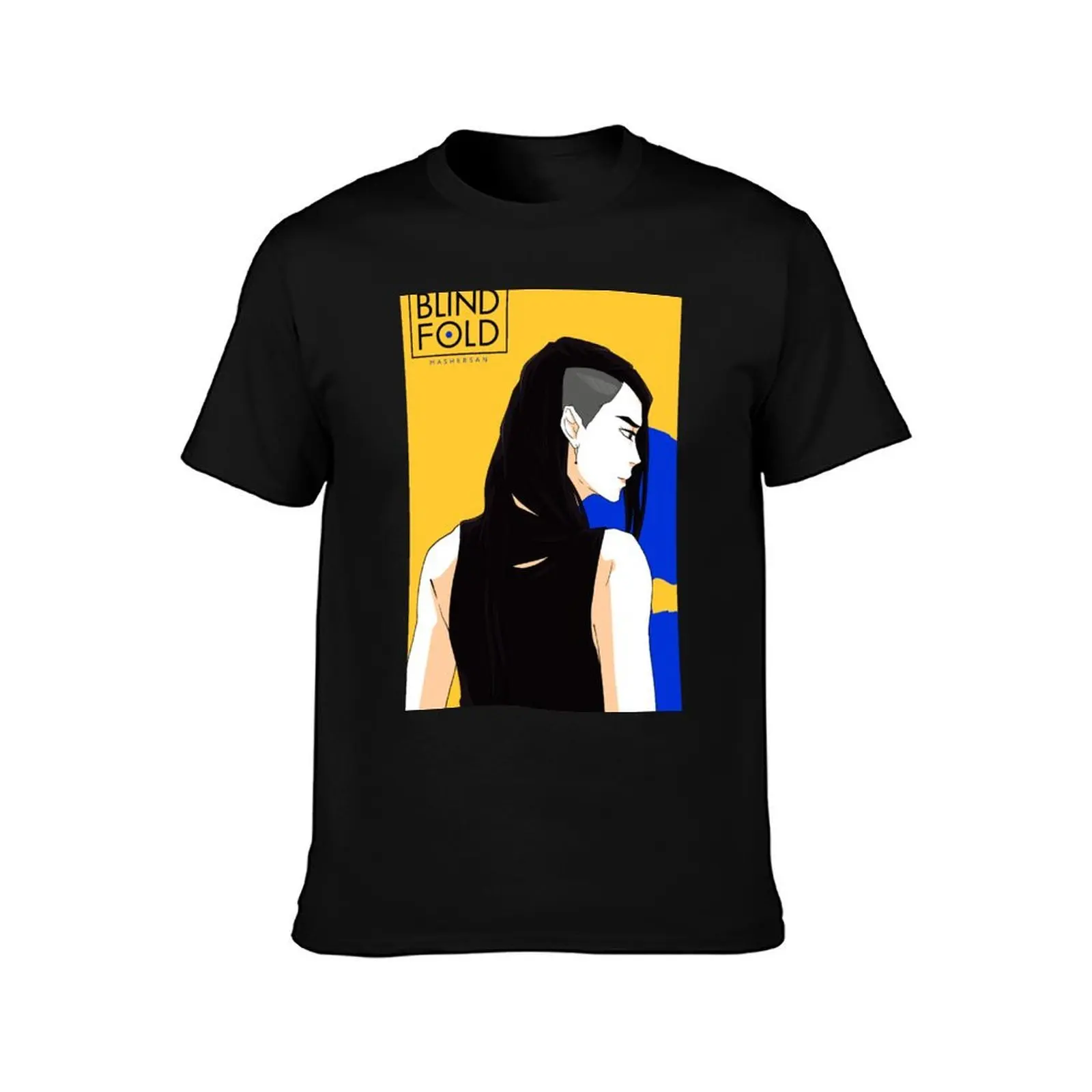 Mitsu (Blindfold) on a yellow background with a blue shade by Mashersan T-Shirt Performance Workout Short Sleeve Tee T-Shirt