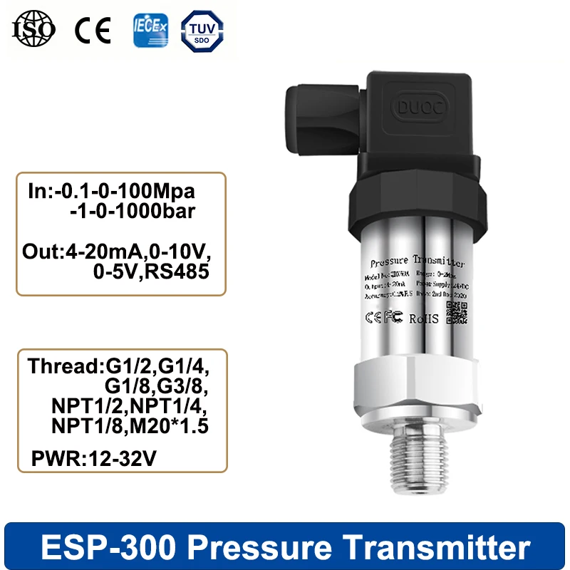 Pressure Transmitter Range -1-0-1000bar 4-20ma 0-10V RS485 0-5VOutput Water Tank Oil Gas G1/4 M20*1.5Thread Size Pressure Sensor