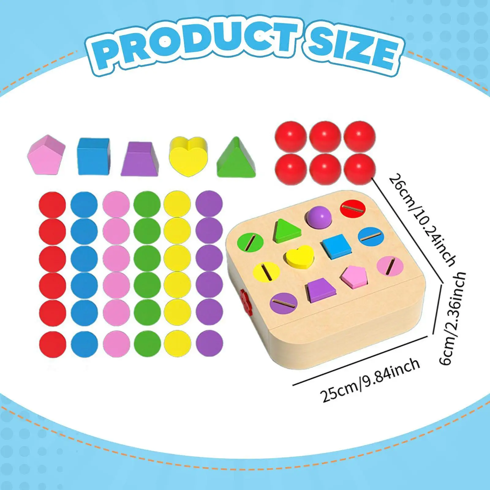 Zabawki edukacyjne dla najmłodszych, drewniane kolorowe klocki, kulki, rozwijające poznawczo dla maluchów.