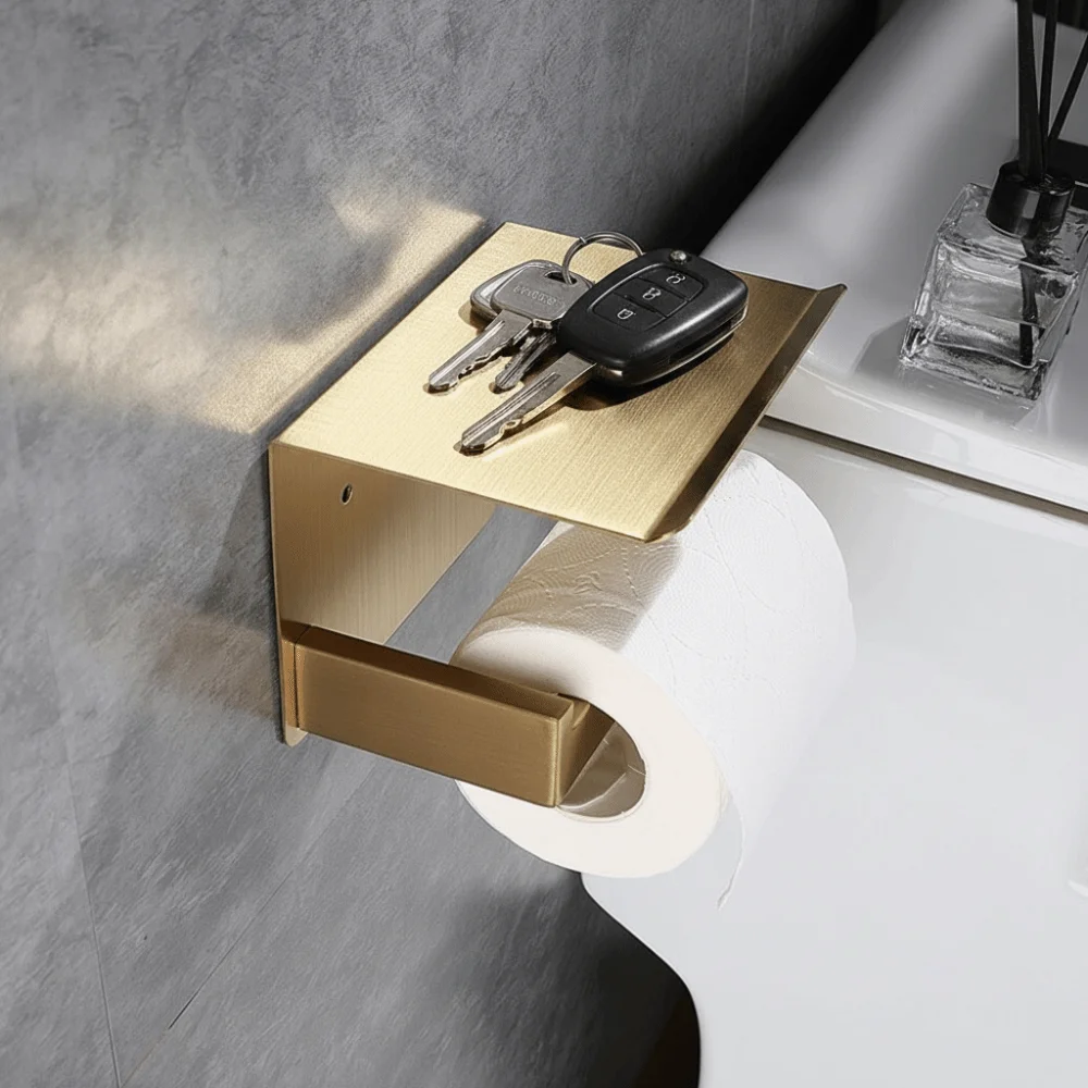 Modern Wall Mount Toilet Paper Holder Stainless Steel Space Saving Cell Phone Holder Self Adhesive Paper Roll Shelf Bathroom Use