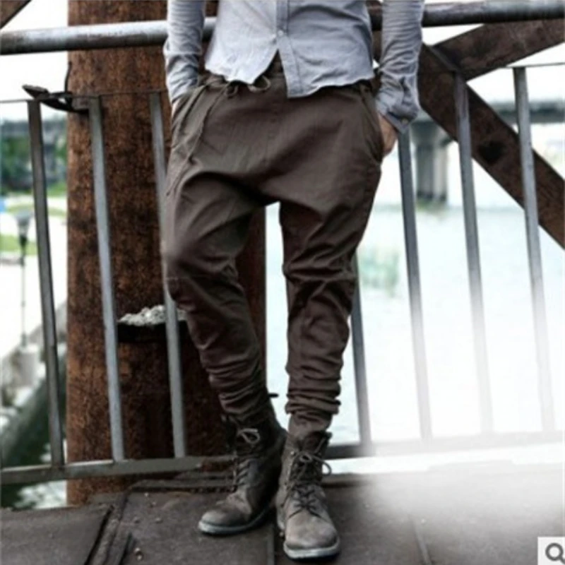 Men Pants Spring Summer Solid Color Loose Straight Pants Men Vintage Low Waist Pocket Pencil Pants Cross-Pants Calf-Length Pants