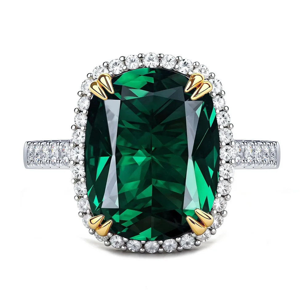 

New Rectangle Pillow 10 * 14 Artificial Emerald Ring 925 Sterling Silver European and American Royal Noble Style Jewelry