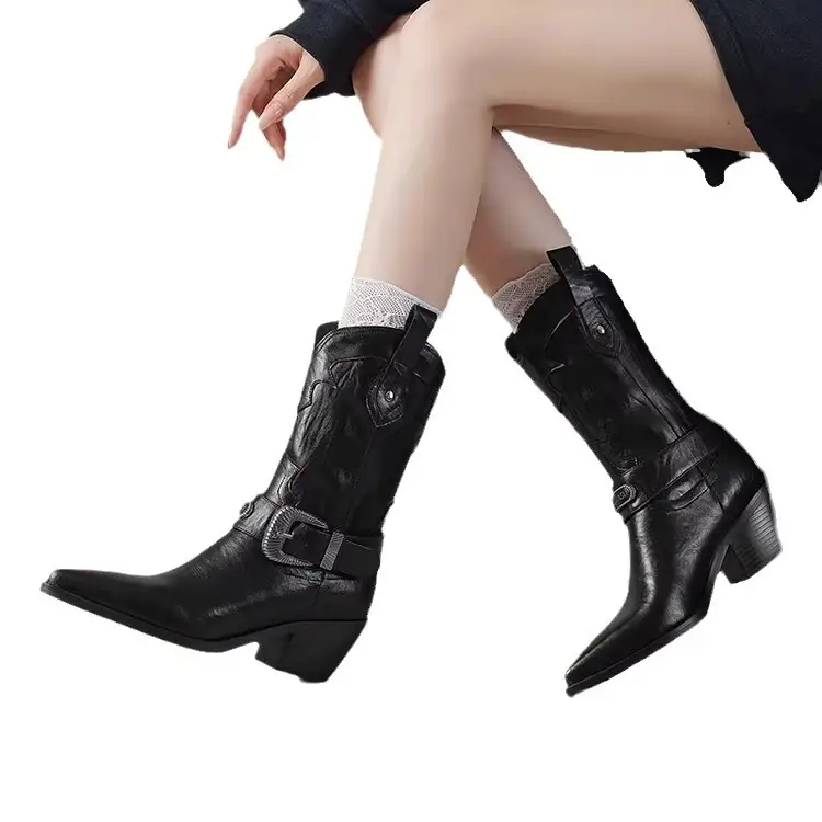 Woman Boots Shoes for Women 2025 Western Cowboy Thick Heels Retro New Rock Gothic Mid Calf Low Pointed Toe Autumn - Image 5
