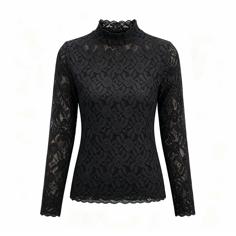 Street Outfit M-3XL Lace Top Mock Neck Floral Lace Base Shirt Slim Fit Hollow Out Lace Blouse Date Wear