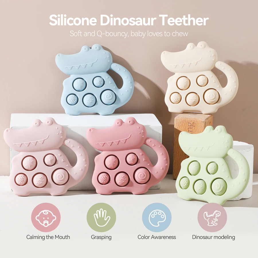 Bebê silicone mordedor brinquedo bpa livre mordedor dentes recém-nascidos acessórios dos desenhos animados dinossauro infantil calmante dentição brinquedos
