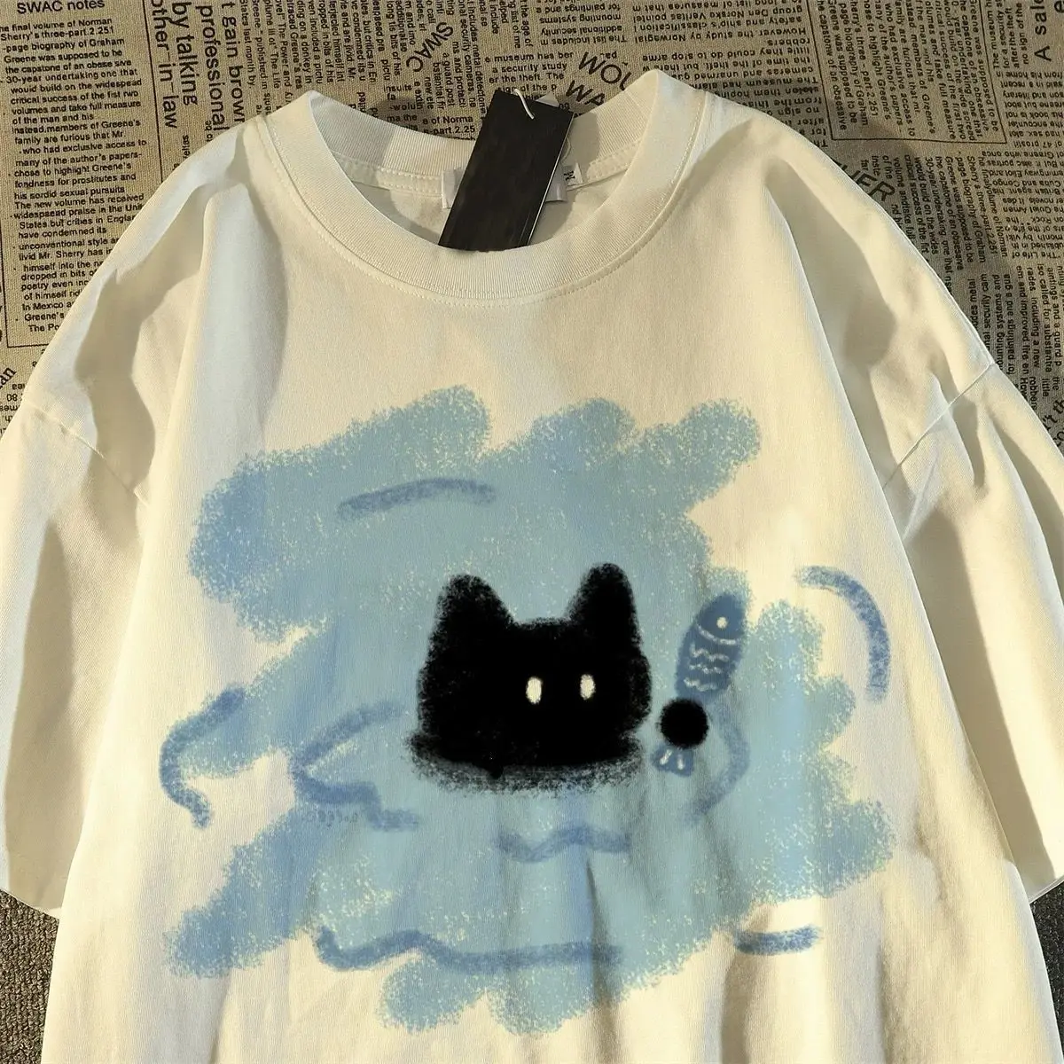 

Short-sleeved T-shirt Pure Cotton 2025 New Versatile Bath Small Black Cat Men's and Women's High-end Top Kawaii