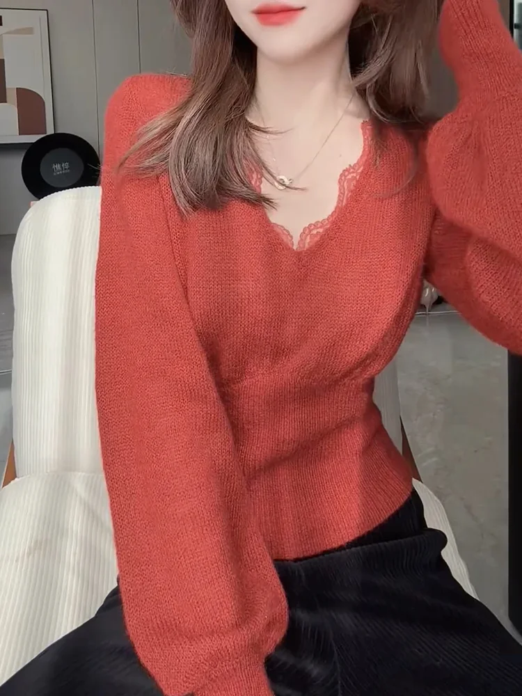 

Ele Lace Trim V-Ne Knitwear plus Size Faionable Slimming Top Autumn 2025 New Sle French Sle Large Size Inner Wear