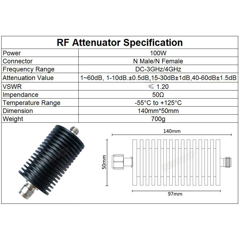 100W N Type N Male Plug to Female Jack  Attenuator DC-3Ghz/4Ghz 1/2/3/5/6/10/15/20/30/40/50/60db RF Coaxial Power Connector