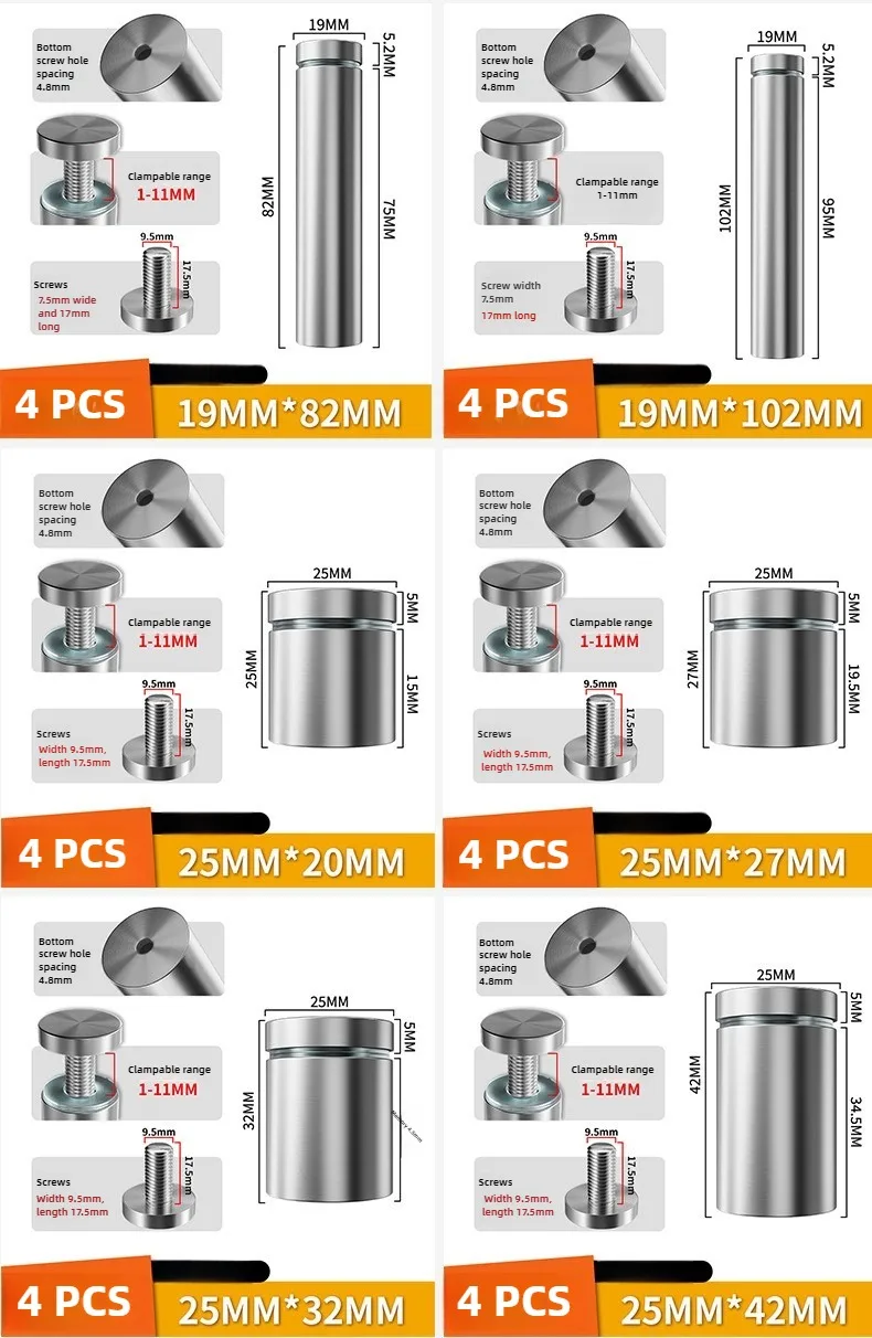 4 Stück Glasbefestigungen 12/16/19/25/40mm Edelstahl Acryl Werbeabstandshalter Stiftnägel Plakatwand-Befestigungsschrauben Hardware – Detail 8