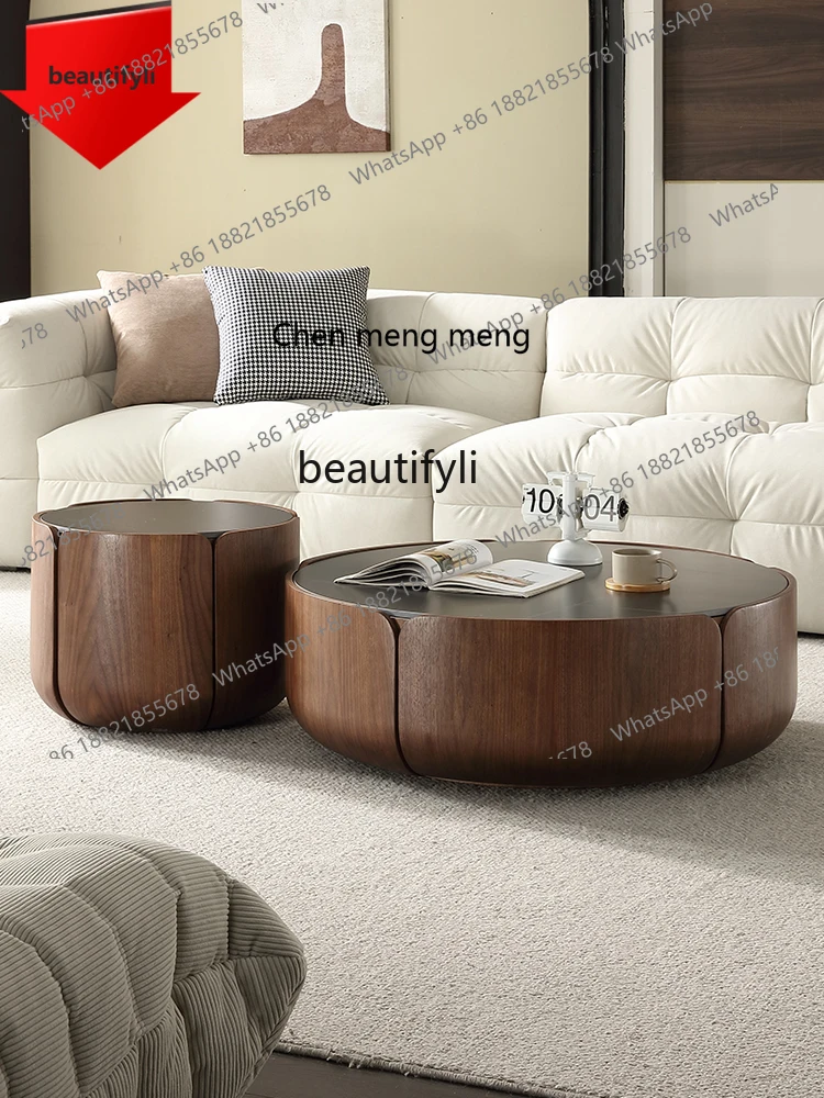 

E153 Italian round Solid Wood Tea Table Combination Household Light Luxury Stone Plate round Coffee Table TV Simple Modern