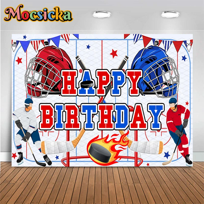 

Mocsicka Happy Birthday Backdrop Ice Rink Sports Photography Background Red Blue Ice Hockey Party Decorations Photo Booth Banner