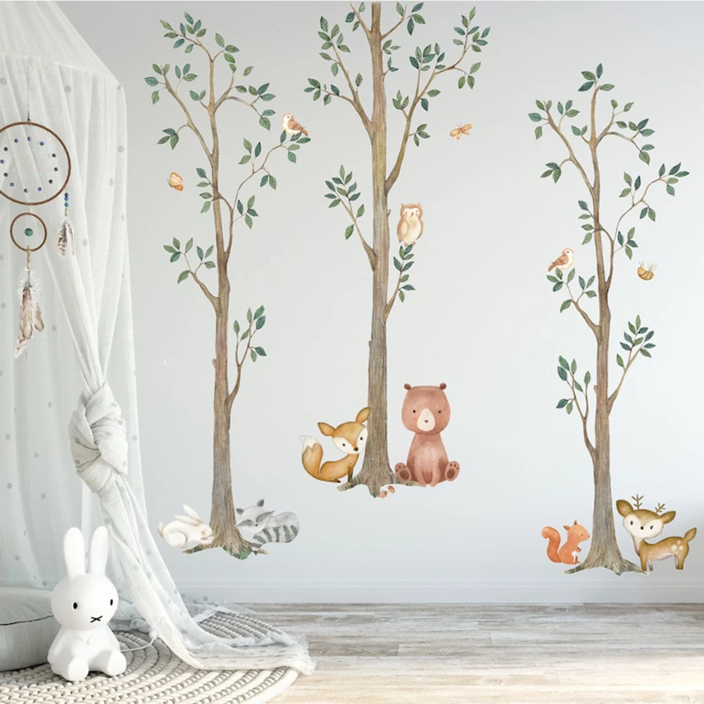 Woodland Watercolor Tree Jungle Animal Wall Stickers  Forest Bear Fox Raccoon Rabbit Squirrel Owl Wall Decals Bedroom Decor