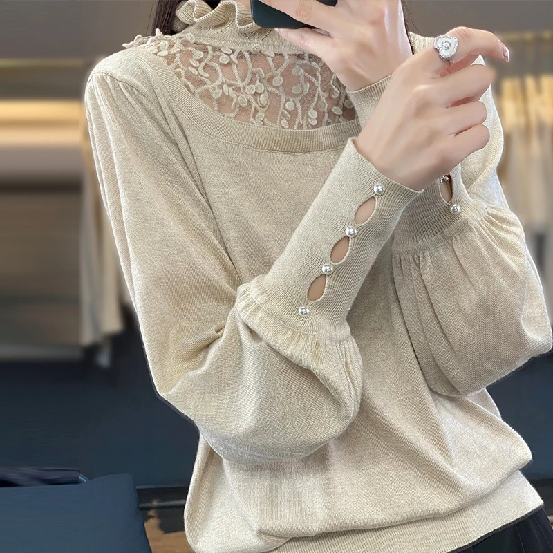 Women\'s Refined Wool Clothing 2023 Spring /Autumn New Product Knitted Pullover Top Fashion Korean Edition Mesh High collar Shirt