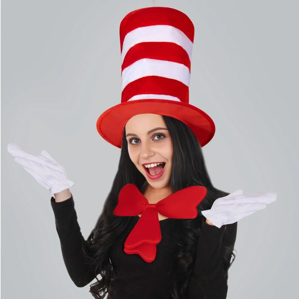 The Cat in The Hat Cosplay Set Dr. Seuss Stage Costume Red White Plush Tall Hat Full Kit