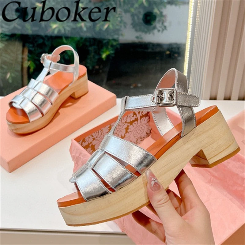 

2024 Summer Thick Sole Chunky Heel Rome Sandals Women Designer Real Leather Weave Platform Sandals Casual Beach Sandalias Mujer