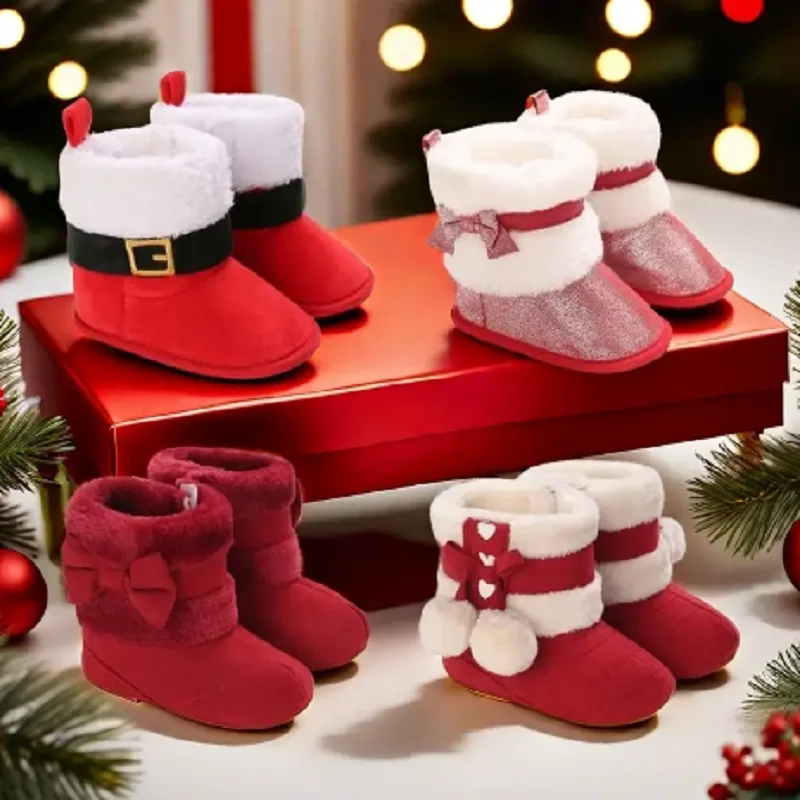 HAIZHIW Christmas theme 0-18M New baby shoes Boots for Girls Baby First Walker plus fleece warm cotton shoes