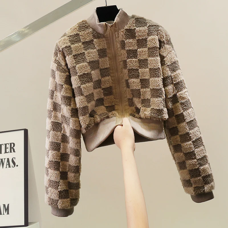 

Модная женская куртка в клетку с воротником-стойкой, свободного кроя, с эффектом похудения, на молнии, универсальная, повседневная, с длинными рукавами