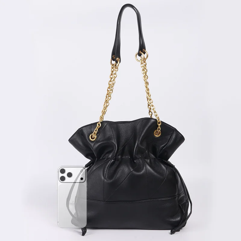 Large Capacity Luxury Leather Handbag Sheepskin Diamond Pattern Underarm Bucket Tote Bag Women Lucky Charm Bags High-End Handbag