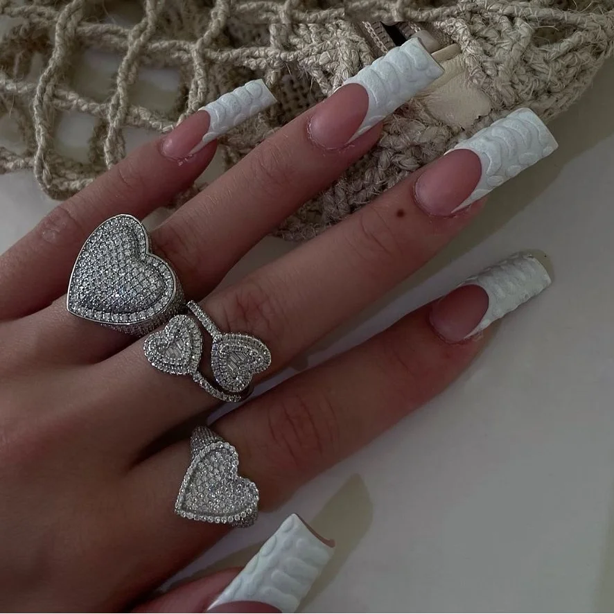 Drop Ship Heart Square Shape Open Size Ring with Cubic Zircon Paved Women Lady Fashion Iced Adjustable Size Rings Jewelry