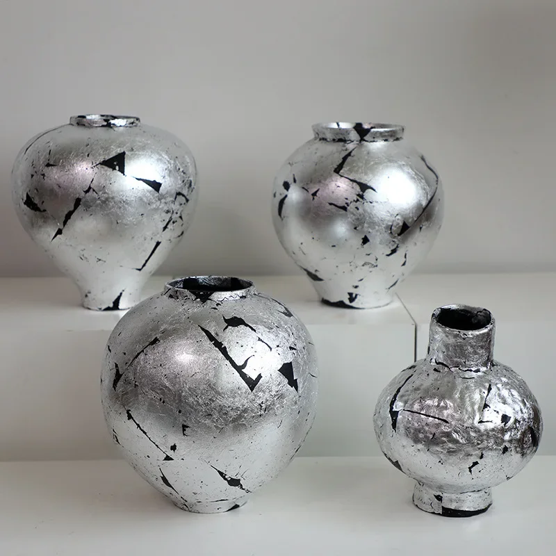 Creative Silver Ceramic Vase Handmade Silver Ceramic Jar Porcelain Pot Pottery Jar Floral Arrangement Flower Vases Home Decorati