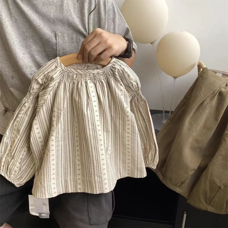 

2025Autumn Clothes for Girls Doll Shirt Casual Pants Set Baby Striped Shirt Wide-Leg Pants Trendy Toddler