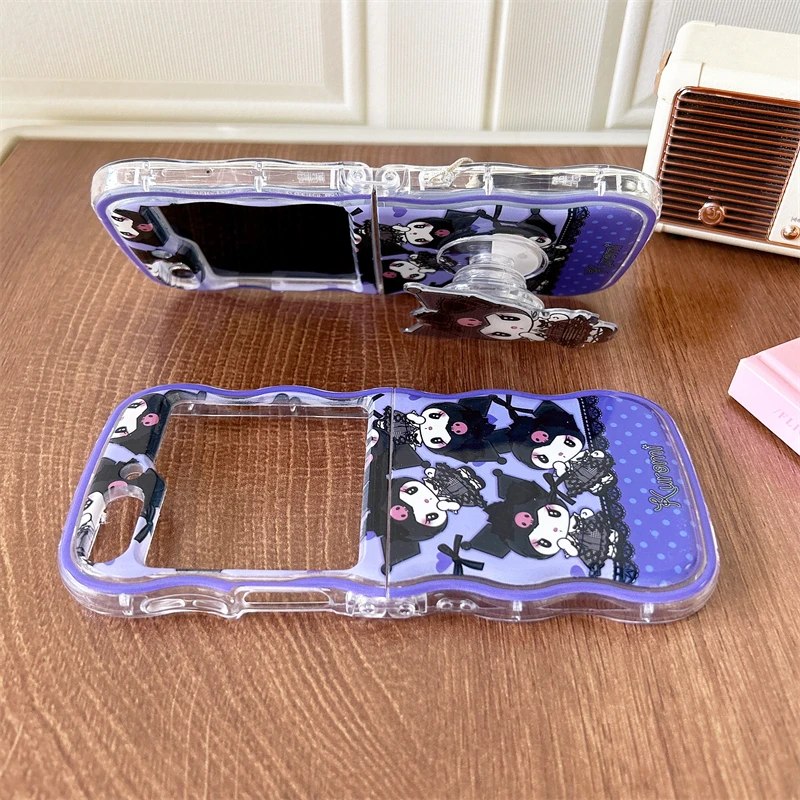 Wavy Edge Purple Phone Case For Samsung Galaxy Z Flip 3 4 5 5G ZFlip5 Cartoon Kuromi Sanrio Silicone Back Cover With accessories image 4