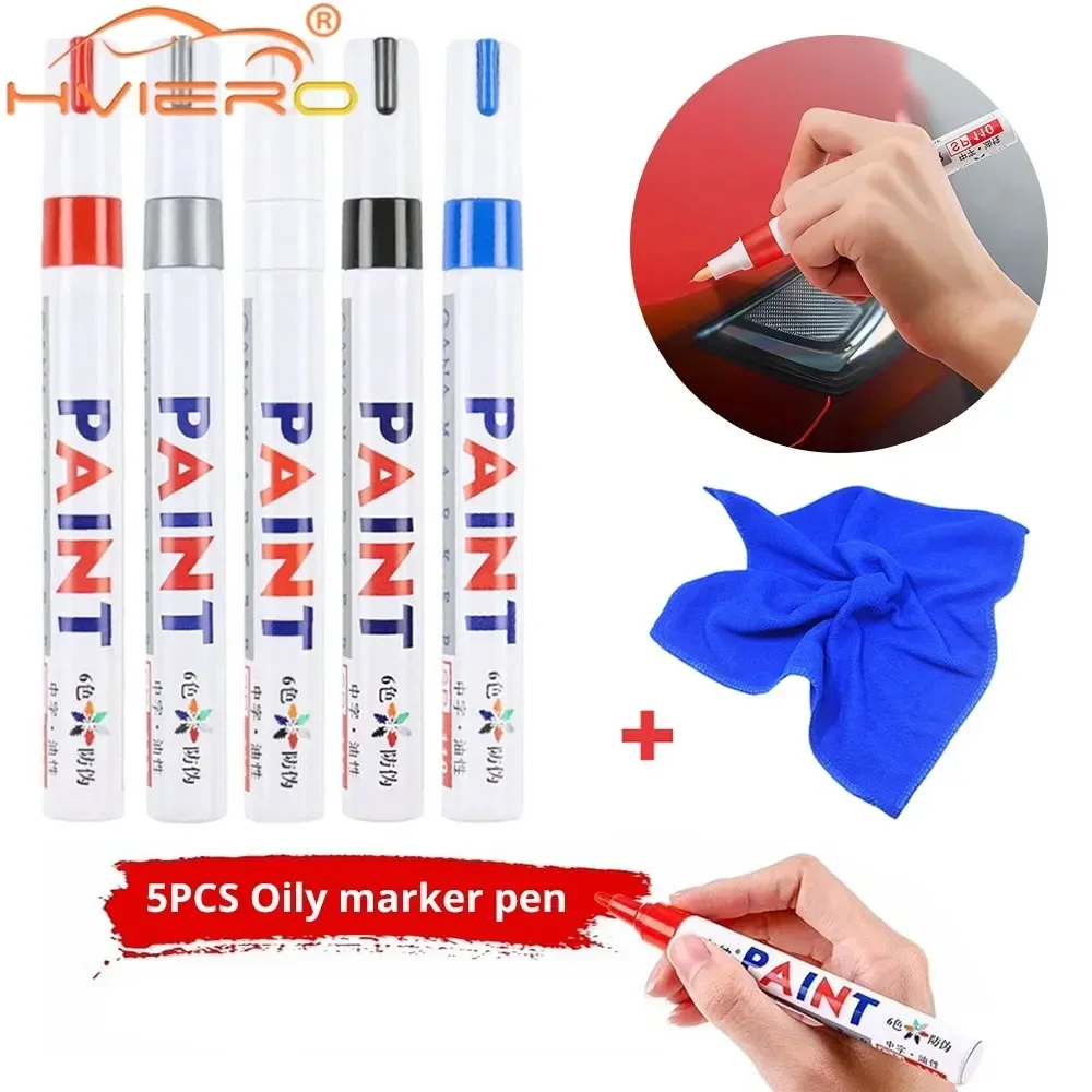 5pcs Cars Wheel Tire Oily Mark Pen Waterproof Auto Rubber Tyre Paint Metal Permanent Markers Graffiti Universal Multiple Colors