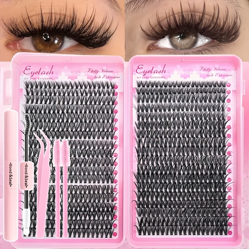 Kit de extensión de pestañas postizas DIY 30D40D80D grupos de pestañas individuales con unión y sello, pinzas y cepillo para principiantes DIY