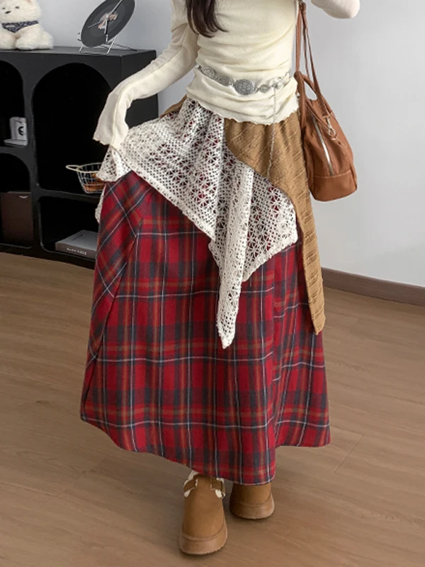 Retro Patchwork Style Lace A-Line  Skirt Women's Autumn Winter New High Waist Slimming Design Large Swing Long Skirt