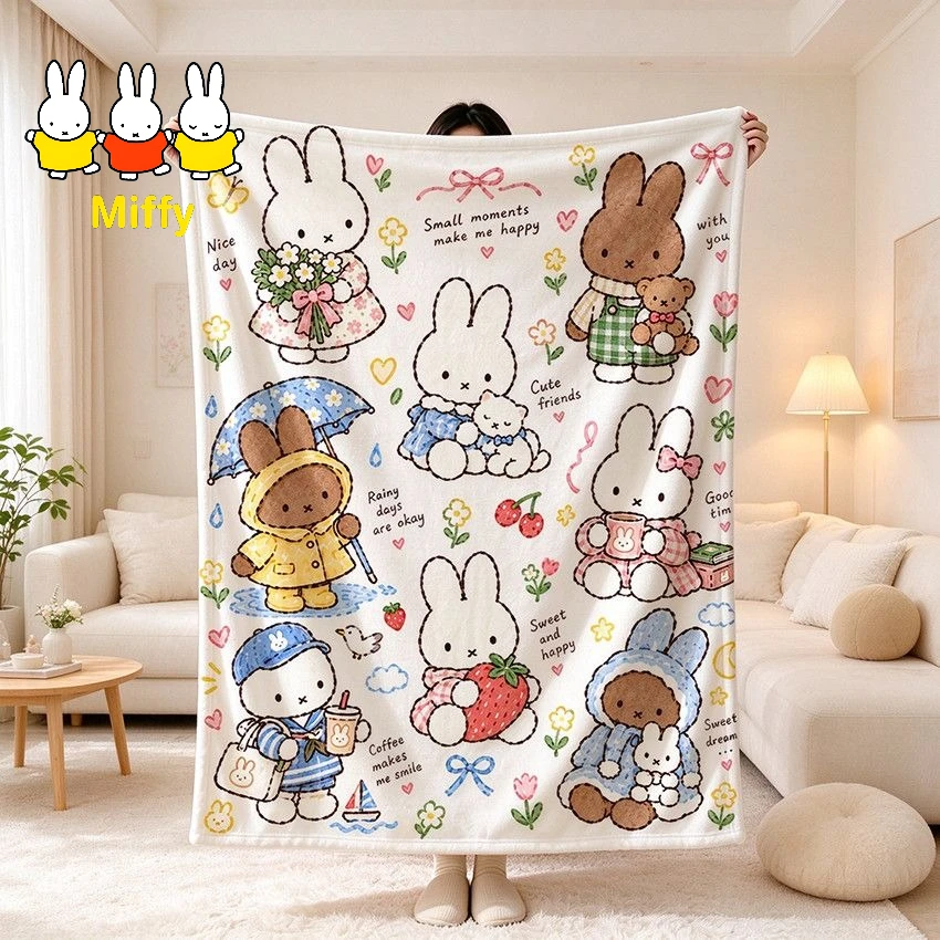 Kawaii Miffy Blanket Cute Cartoon Miffy Flannel Blanket for Girls' Sofa Throw Office Naptime Air Conditioning