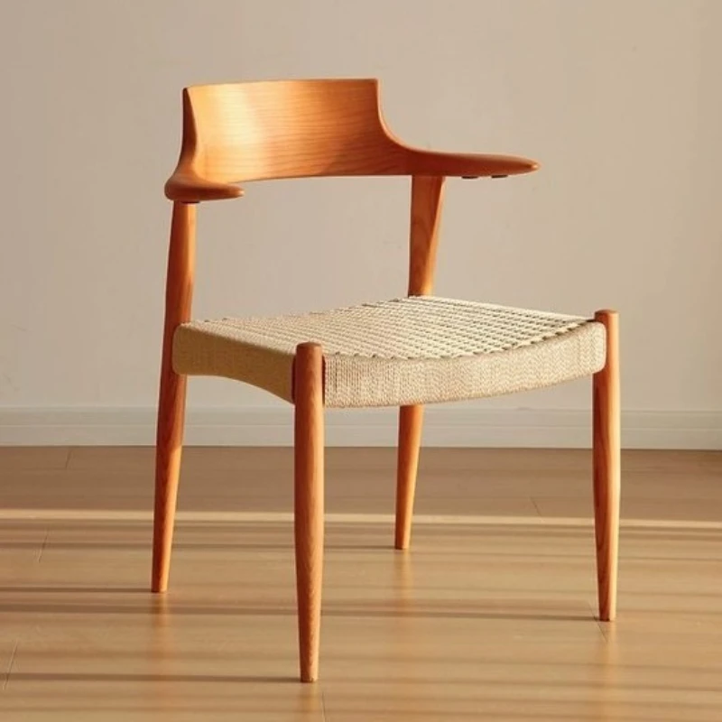 Wabi Sand retro solid wood dining chair Nordic armrest rope back chair Japanese hanging horn chair Leisure hanging chair