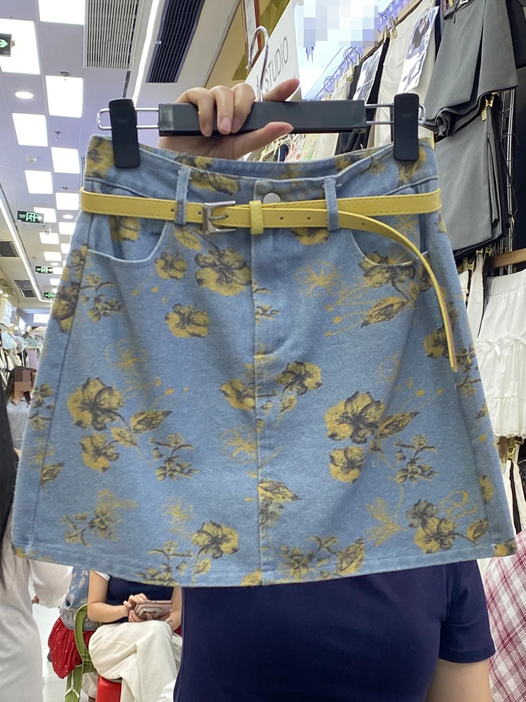 ハイウエストタイダイ花柄スカートボディコンデニムスカート女性の夏 Faion ハイウエスト装飾スカート