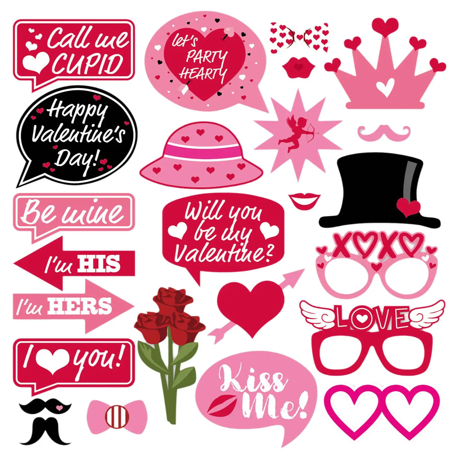 25Pcs/Set Valentine's Day Photo Booth Props Decorations Happy Valentines Day for Anniversary Prom Birthday Engagement Party