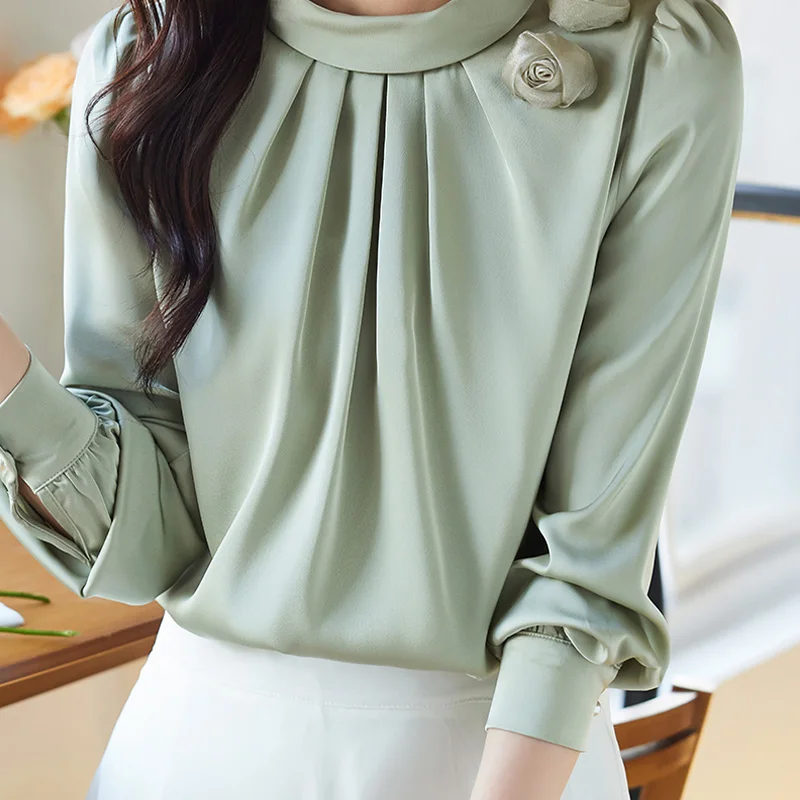 Autumn New Advanced Feeling Temperament Blouse Women Clothing Half High Collar Solid Tops Autumn Loose Commute Chiffon Shirts