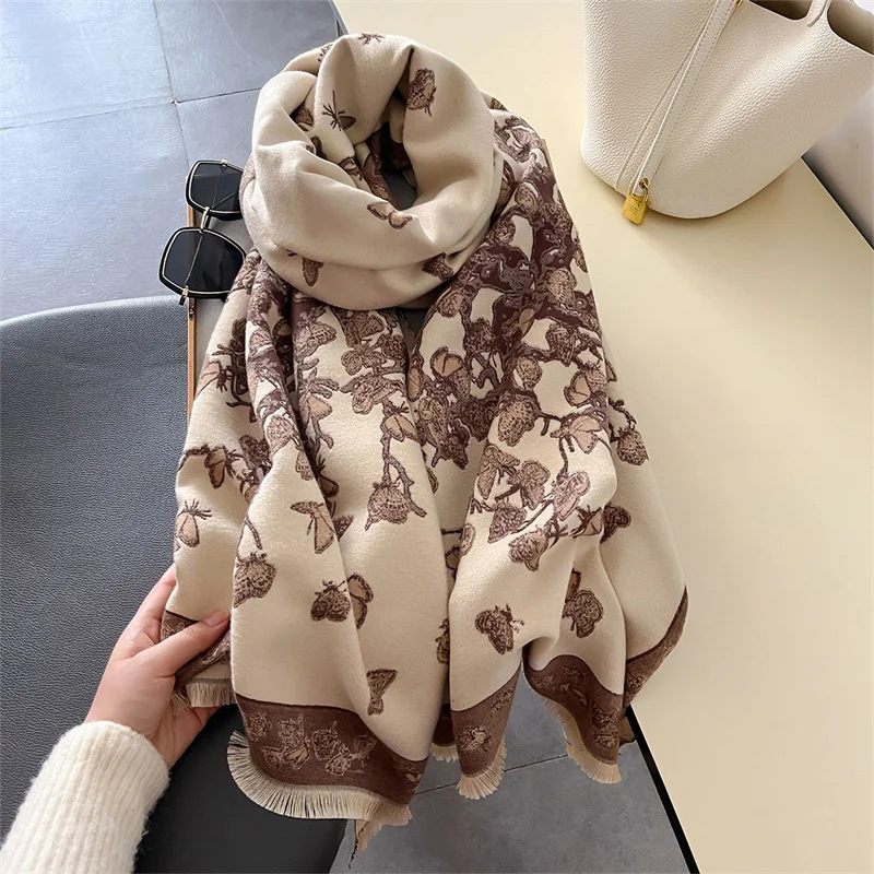 Autumn Winter Scarf Women Pashmina Shawls and Wraps Cashmere Blanket Warm Thick Stoles for Lady Outdoor Bufanda 2024 New Print