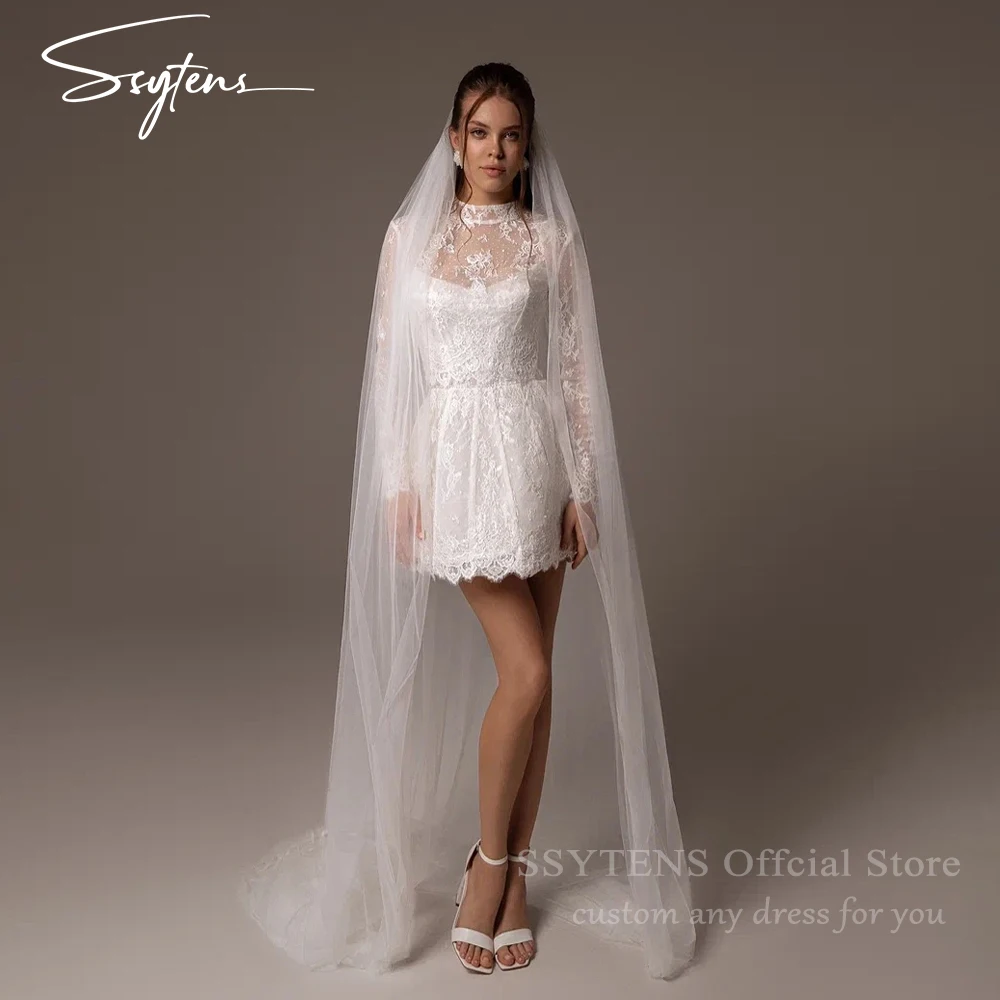 Sukienki ślubne cywilne SSYTENS z wysokim dekoltem, krótkie, w kształcie litery A, mini, sukienki na przyjęcia, iluzoryczne aplikacje, sukienki na powrót do domu, szyte na miarę