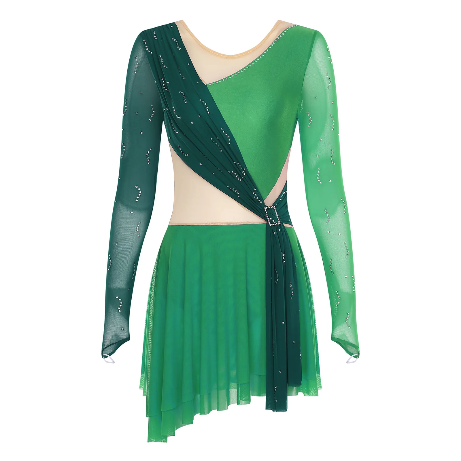 

Womens Figure Skating Dress Contrast Color Mesh Rhinestone Long Sleeve Skirted Leotard Dress for Ballet Gymnastics Prom Party