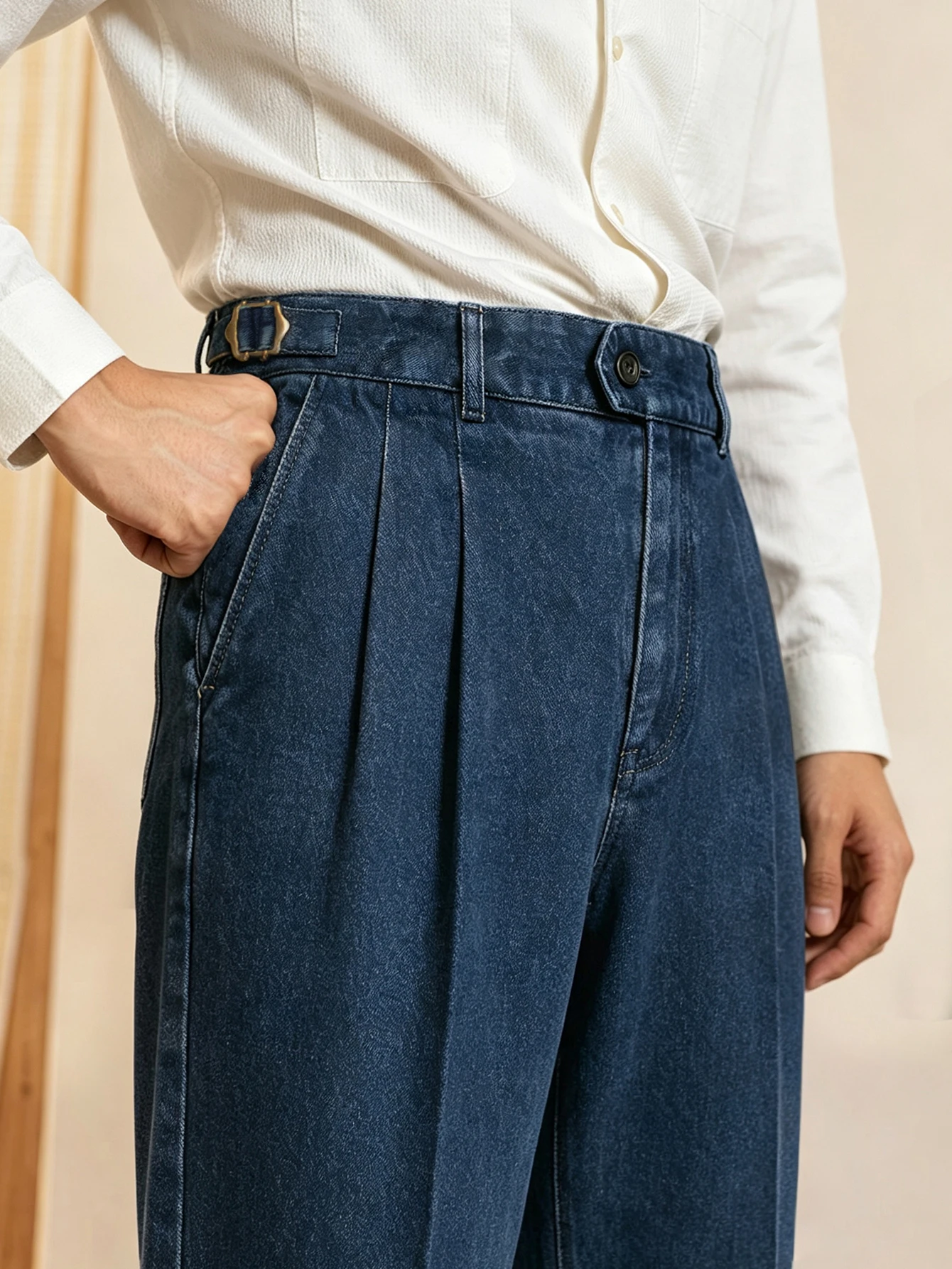 2026 SS Men's Neapolitan Cut Trousers, Denim‑Finish Woven Double Pleat Paris Buckle High‑Rise Straight‑Leg Business Daily Pants