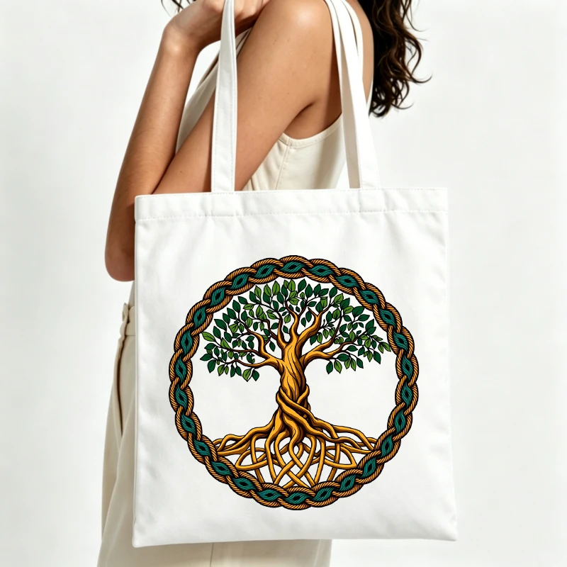 Women's nature tree graphic canvas tote bag with Celtic knot border, perfect for casual daily use and eco-friendly shopping