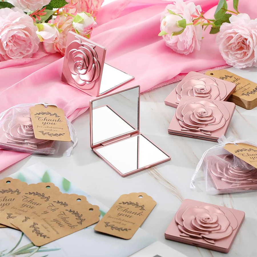 6/12Set 7cm Square Rose Mirror with Storage Bag Lady Portable Handheld Folding Mirror Dressing Table Makeup Accessories