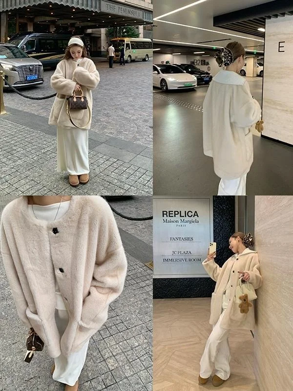 Xzichic Złoty Futro z Norek Okrągły Kołnierz Ekologiczna Imitacja Futra Królika Wodnego Płaszcz Damski Ciepła Odzież Wierzchnia Długi Krój Koreański Styl