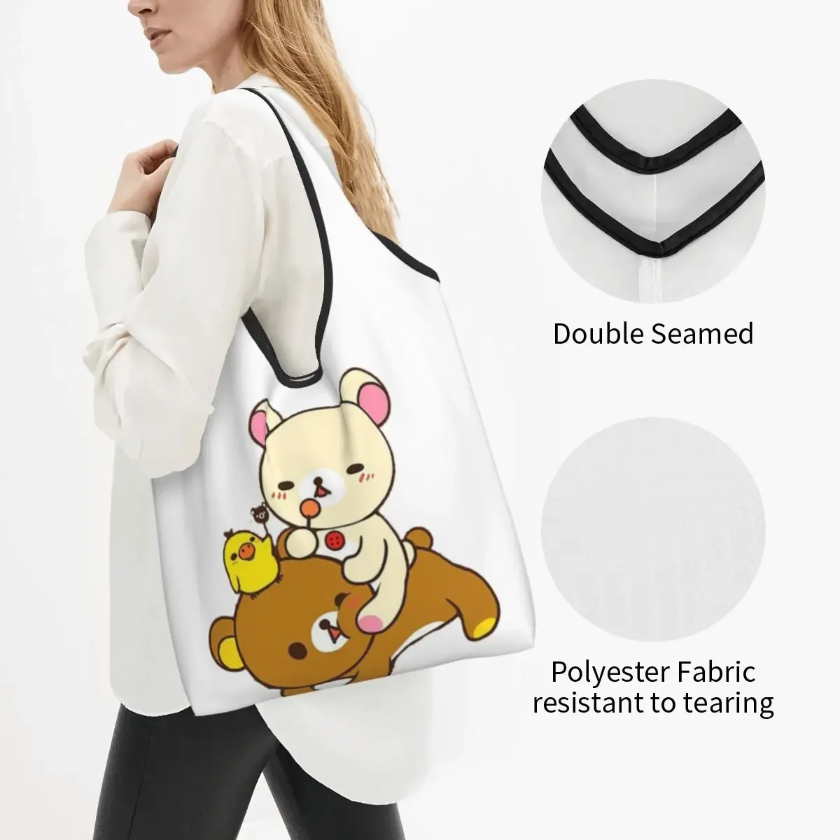 Reusable Cute Rilakkuma Shopping Bag for Groceries Foldable Grocery Bags Washable Large Tote Bags