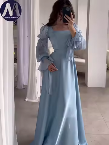 Women's Elegant Puff Sleeve Square Neck Dress Slim Fit Fashionable Evening Gown for Spring Summer