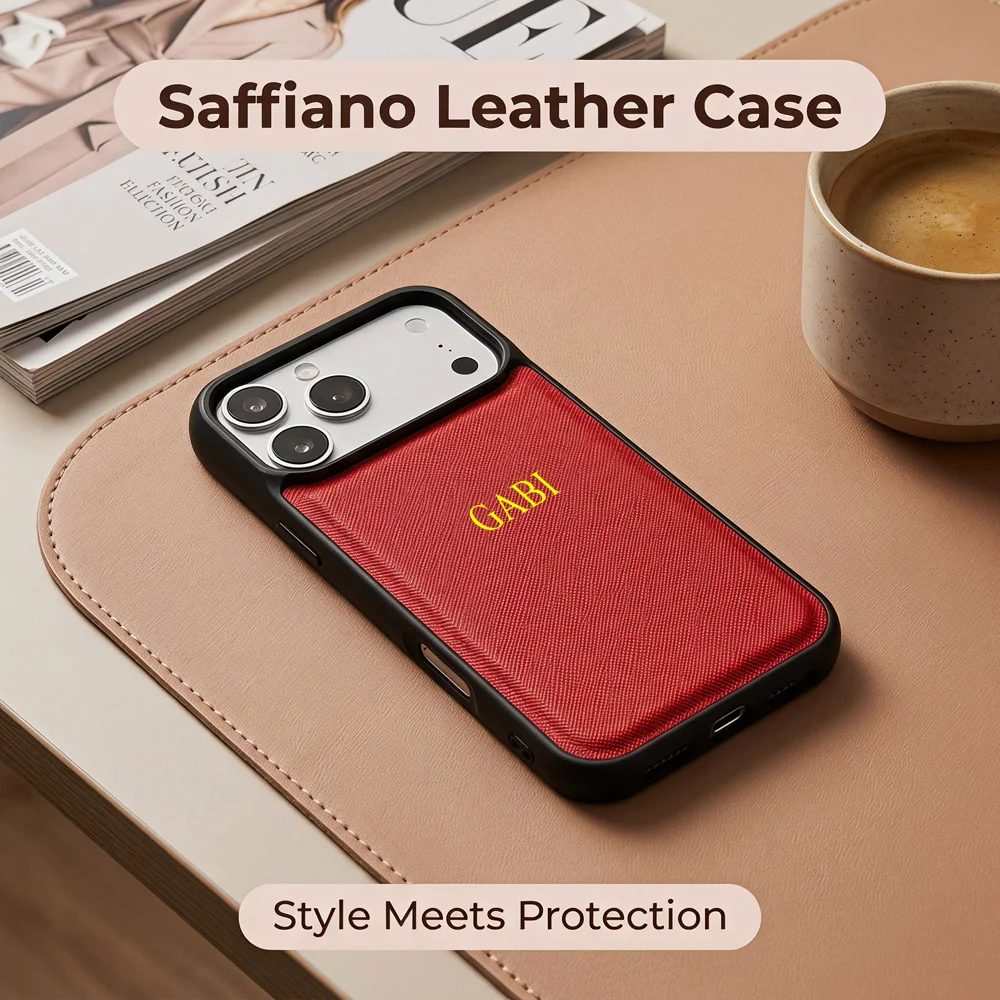 Vintage Saffiano PU Leather Protective phone Case Custom Hot Stamping Font Slim Phone Cover for iPhone 13 14 15 16 17 18 Pro Max