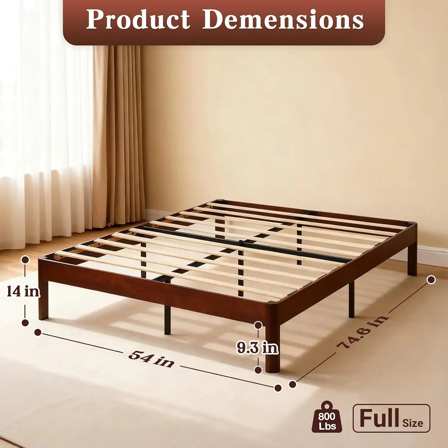 14 Inch Wood Bed Frame Full Size Platform Metal Support Mid-Century Style Quiet Sleep Easy Assembly No Box Spring, Customized