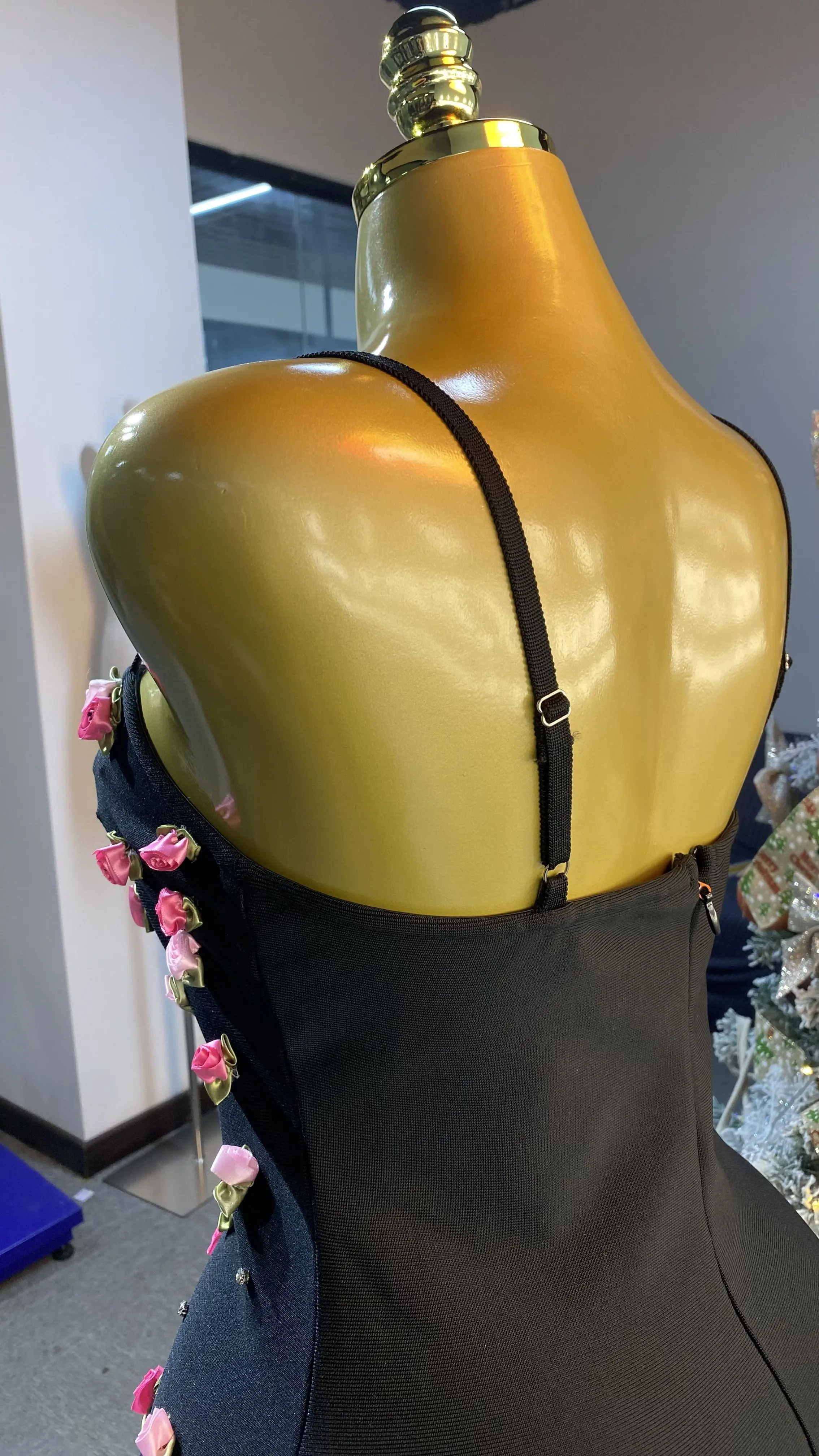 فستان سهرة صيفي جديد بدون ظهر مزين بالزهور الوردية، فستان أسود قصير بأشرطة، فستان حفلات عصري وفاخر.-GZXX370 #3