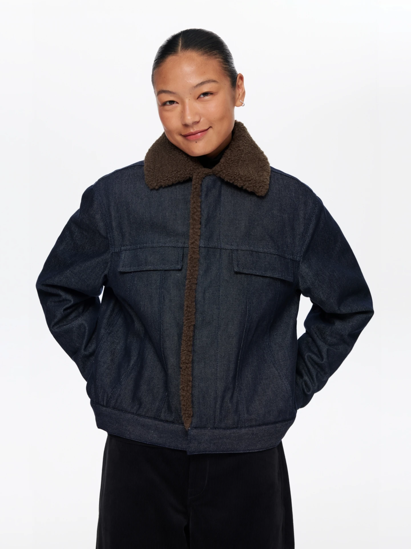 

Oneup Women's Oversized Retro American Sle Cotton Jaet Lamb Fur Collar Patchwork Denim Insert Cotton Coat Long Sve Zip...