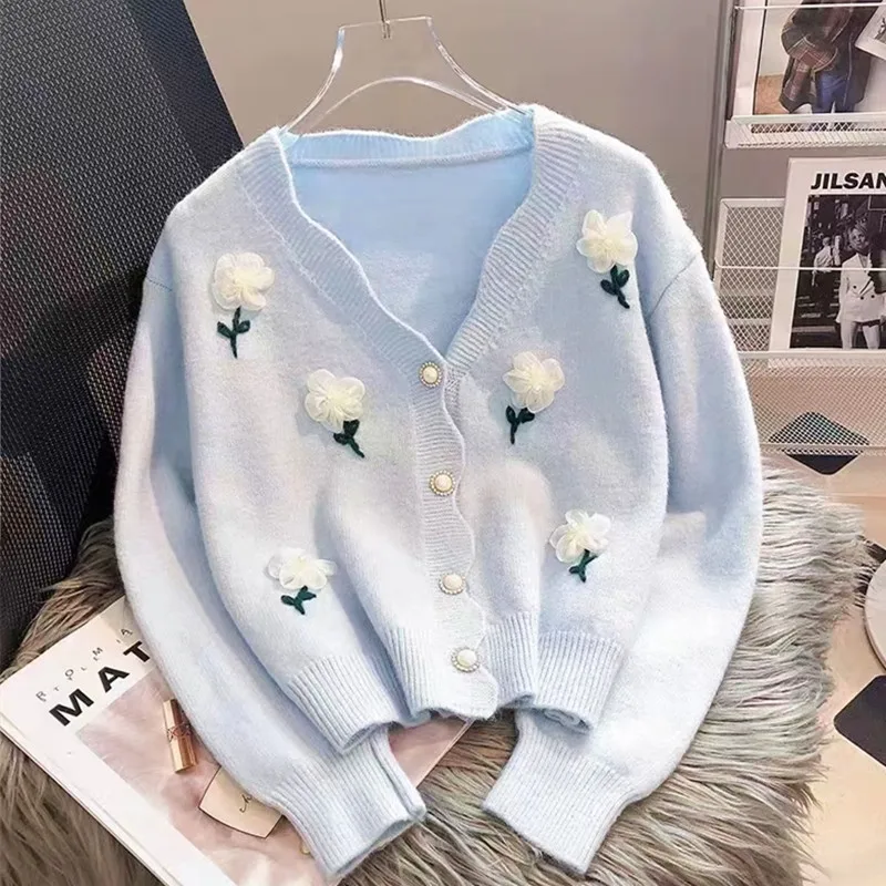 Gentle Sweet Autumn Winter Sweater Women\'s Flower Beaded Knitted Cardigan Long Sleeve Top Casual Warm Ladies Knitwears Coat