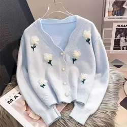 Gentle Sweet Autumn Winter Sweater Women's Flower Beaded Knitted Cardigan Long Sleeve Top Casual Warm Ladies Knitwears Coat